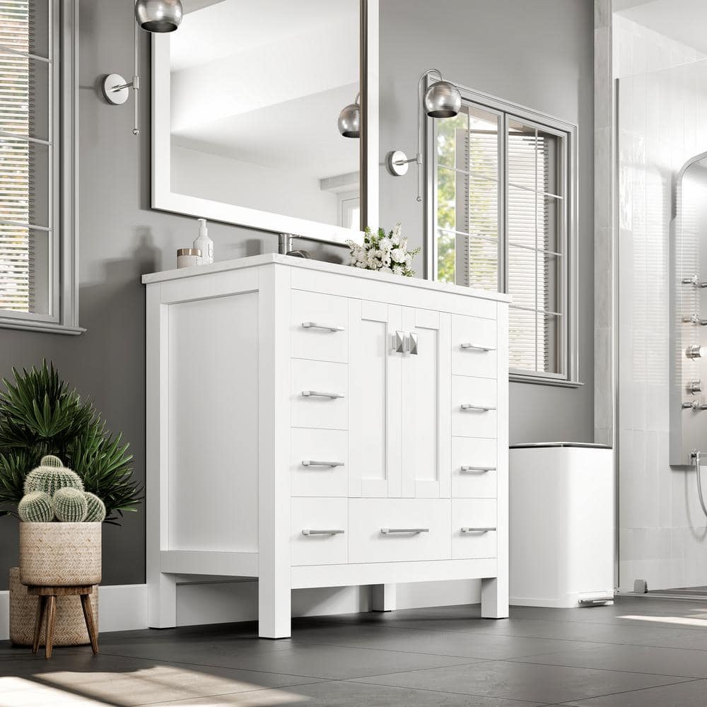 Eviva Hampton 36" White Vanity with Carrara Quartz Top