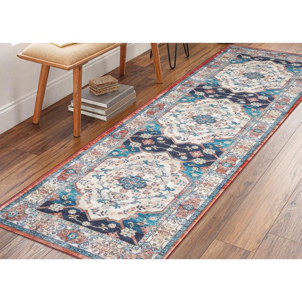 Ivory and Navy Medallion Polyester Washable Area Rug