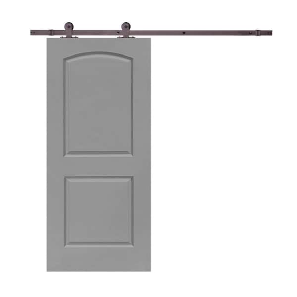 CALHOME 36 in. x 80 in. Light Gray Stained Composite MDF 2-Panel Round Top Interior Sliding Barn Door with Hardware Kit
