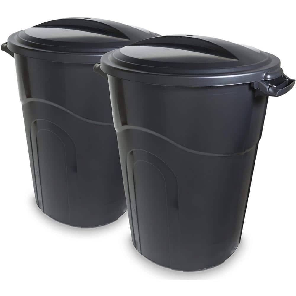 Black 32 Gallon Lockable Plastic Outdoor Trash Cans, Set of 2