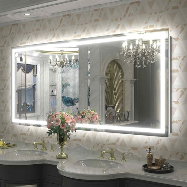 Apmir 60 in. W x 28 in. H Rectangular Frameless Front & Back LED Lighted Anti-Fog Tempered Glass Wall Bathroom Vanity Mirror