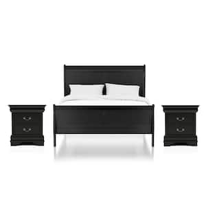 Burkhart 3 Piece Black Wood Queen Bedroom Set with 2 Nightstands