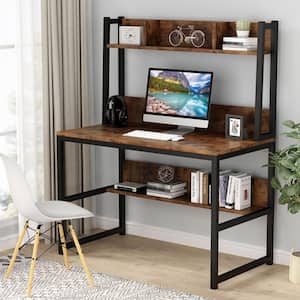42 in. Computer Desk Wood Brown Office Desk Study Desk with Hutch and Shelves for Small Space
