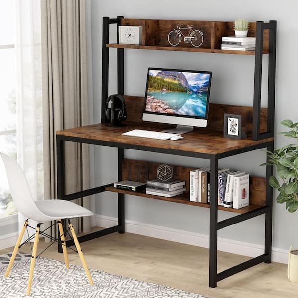 42 in. Computer Desk Wood Brown Office Desk Study Desk with Hutch and Shelves for Small Space