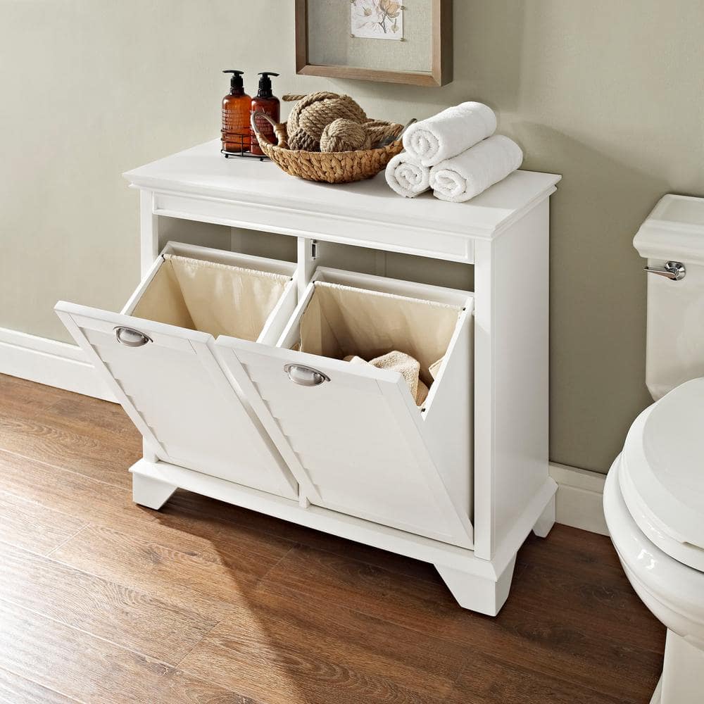 White MDF and Birch Veneer Dual Compartment Laundry Hamper