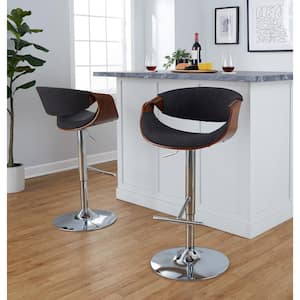 Curvo 33.5 in. Charcoal Fabric, Walnut Wood and Chrome Metal Adjustable Bar Stool with Straight T Footrest (Set of 2)