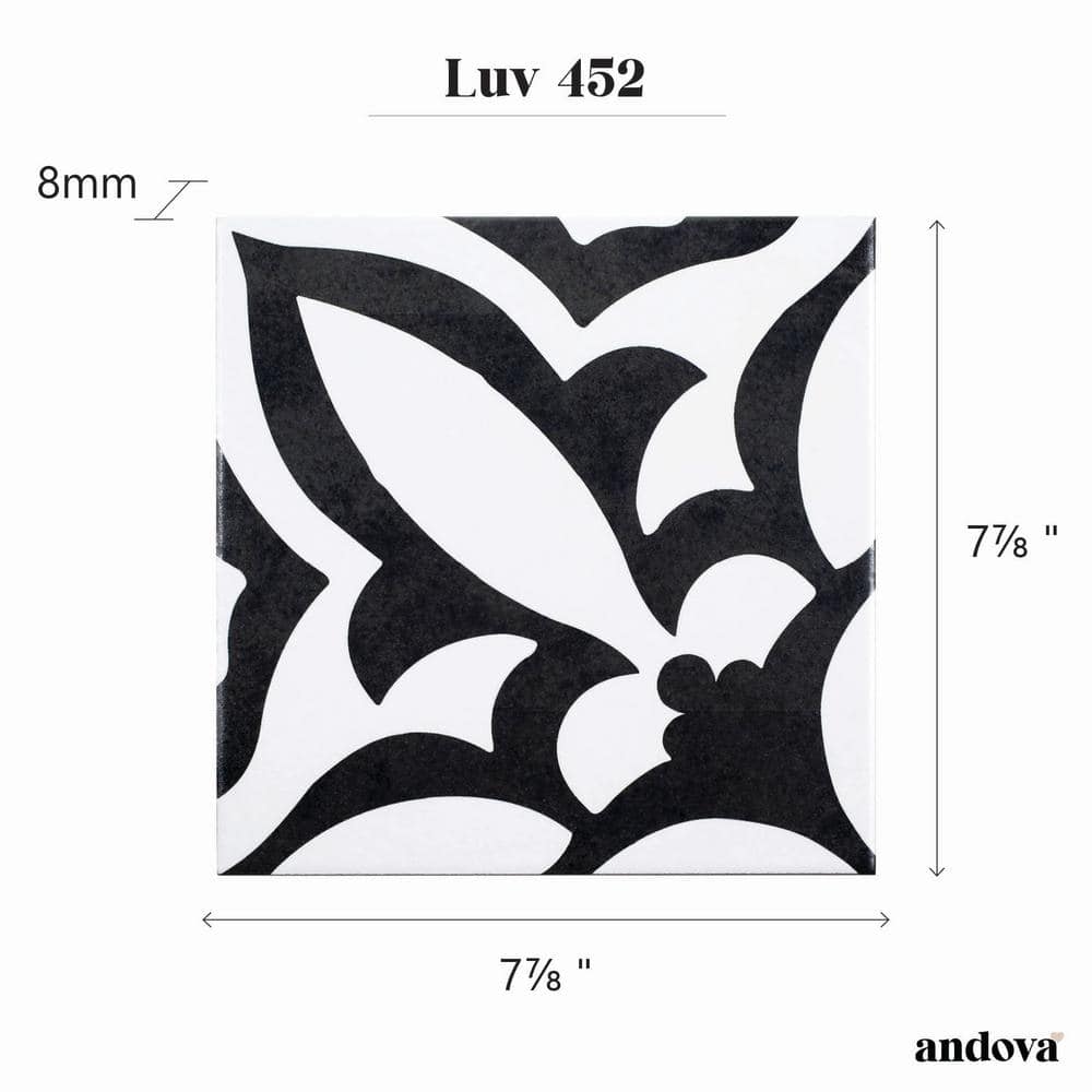 Luv Ti'Amo 8" Black and White Porcelain Encaustic Tile