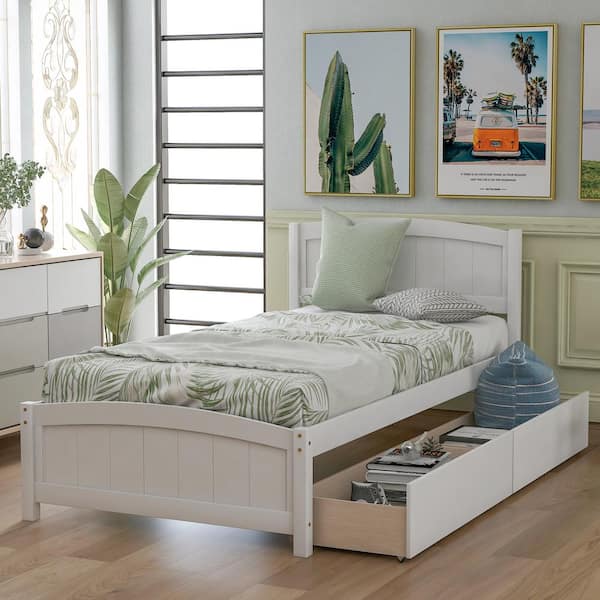 White Solid Wood Twin Size Platform Bed with Two Drawers, Wooden Platform Bed Frame for Kids, No Spring Box Needed