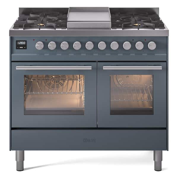 ILVE Professional Plus II 40 in. 6 Burner plus Griddle Freestanding Double Oven Dual Fuel Range in Blue Grey