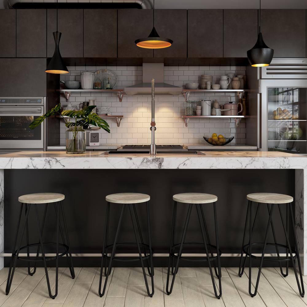 Simeon 26" Natural Wood and Black Metal Backless Counter Stools