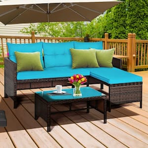 3-Piece Wicker Patio Conversation Set with Turquoise Cushions