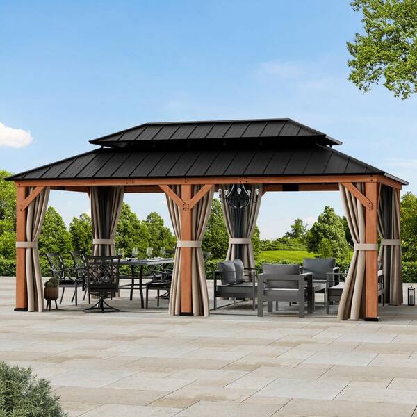 Ultra Series Wood Gazebo 12 ft. x 20 ft. Cedar Framed Gazebo with Double Galvanized Steel Roof, Netting and Curtains