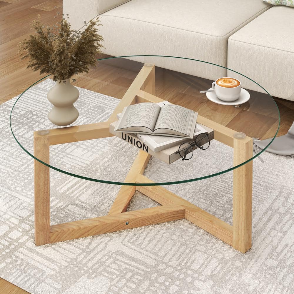 Harper & Bright Designs 35 in. Oak Round Glass Top Coffee Table ...