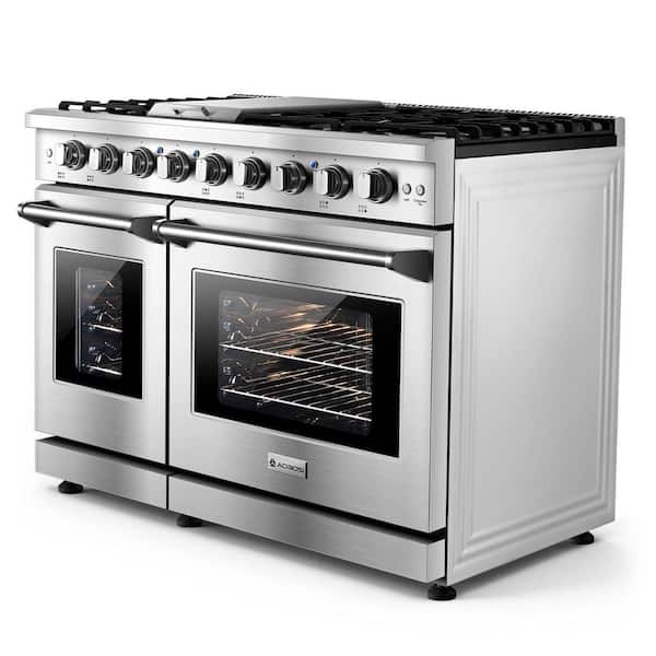 48 in. 7 Burners Double Oven Gas Range with Griddle in Stainless Steel, 2-in-1 Gas Cooktop and Range Oven with Air Fryer