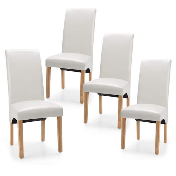 Costway Beige Upholstered Padded Side Dining Chairs with Rubber Wood Legs (Set of 4)