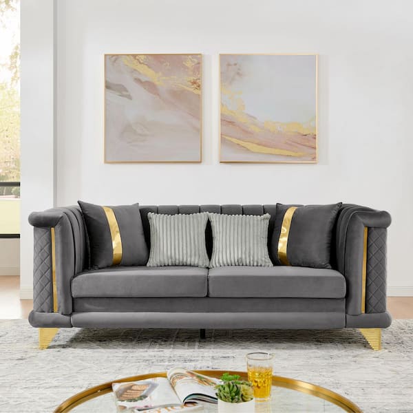 OBMOC 39 in. Rolled Arm Velvet Rectangle Sofa with Plush Cushions & Gold Stainless Steel Legs in. Slate Grey
