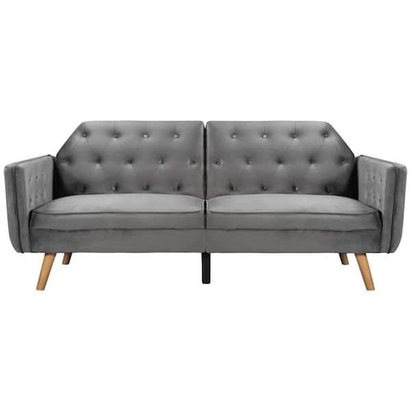 Unbranded 78.74 in. Gray Velvet Upholstered 2-Seater Loveseat Modern Convertible Folding Futon Lounge Couch for Living Space