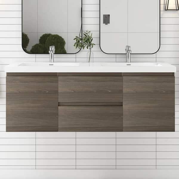 JimsMaison 60 in. W x 20 in. D x 22 in. H Double Sink Floating Bath Vanity in Ash Grey with Glossy White Resin Top