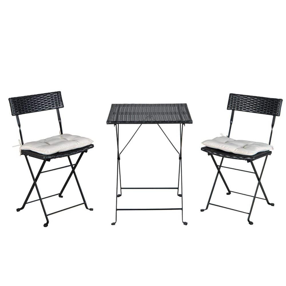 Black 3-Piece PE Wicker Square Outdoor Bistro Set with Beige Cushion Foldin