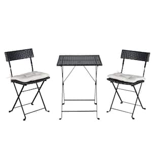 Black 3-Piece PE Wicker Square Outdoor Bistro Set with Beige Cushion Folding Bistro Set Patio Furniture Sets