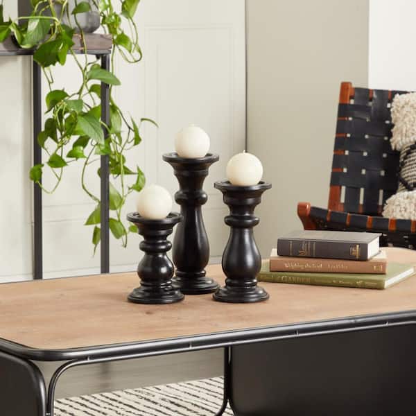 Litton Lane Black Mango Wood Turned Style Pillar Candle Holder (Set of 3)