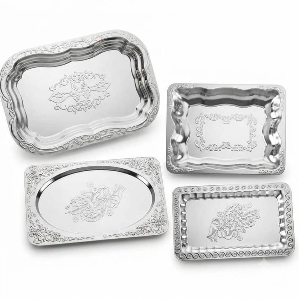 Multi-Colored Platters 4-Pack Stainless Steel Floral Engraved Mirror Silver Serving Trays Set price history on PriceWatchPro