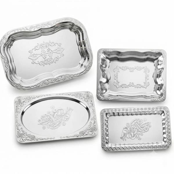 Stainless Steel Multi-Colored Platters 4-Pack Floral Engraved Mirror Silver Serving Trays Set