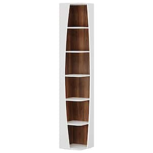 Eulas 70.87 in. Tall White & Walnut Wood 6-Shelf Corner Bookcase, Narrow Freestanding Boat-shaped Opening Shelves