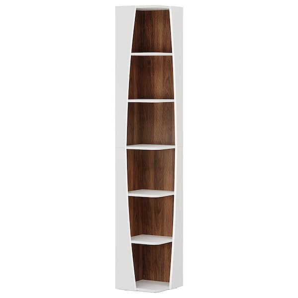 BYBLIGHT Eulas 70.87 in. Tall White & Walnut Wood 6-Shelf Corner Bookcase, Narrow Freestanding Boat-shaped Opening Shelves