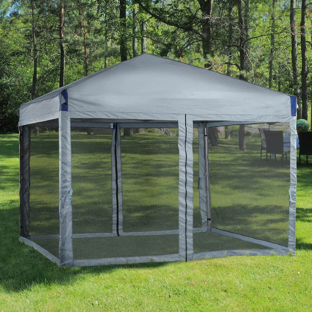 Gray 12 Ft Iron Pop-Up Canopy with Mesh Sidewalls and Roller Bag