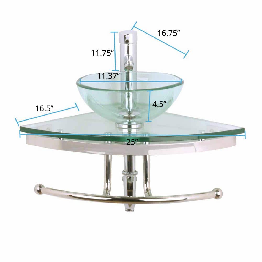 Round Corner Clear Tempered Glass Wall Mount Sink with Chrome Faucet