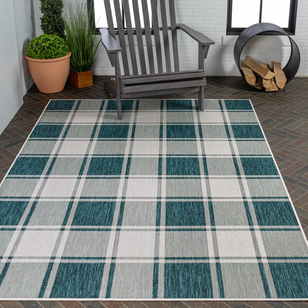 Turquoise and Cream Gingham 8' x 10' Synthetic Indoor/Outdoor Rug