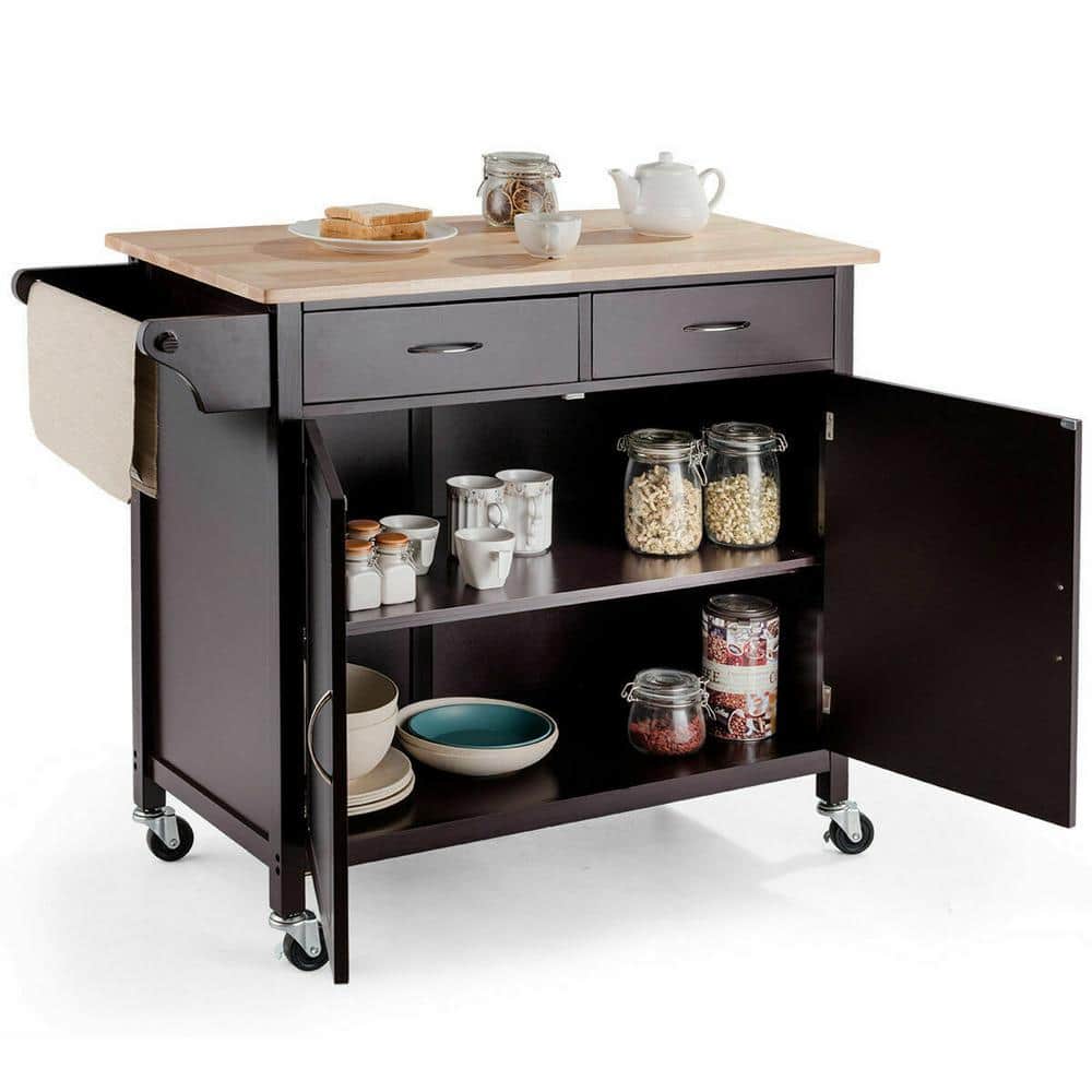 Modern Dark Brown Rolling Kitchen Cart with Wood Top and Storage