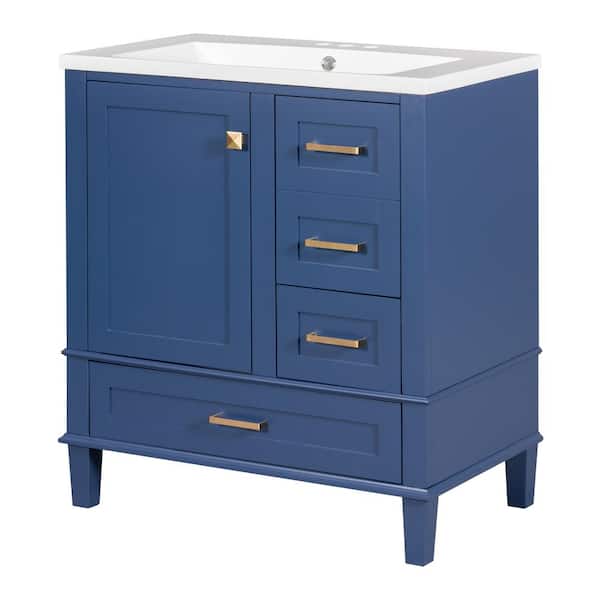 Unbranded 30 in. W x 18 in. D x 34 in. H Freestanding Bath Vanity in Blue with White Resin Top and Soft Closing Door