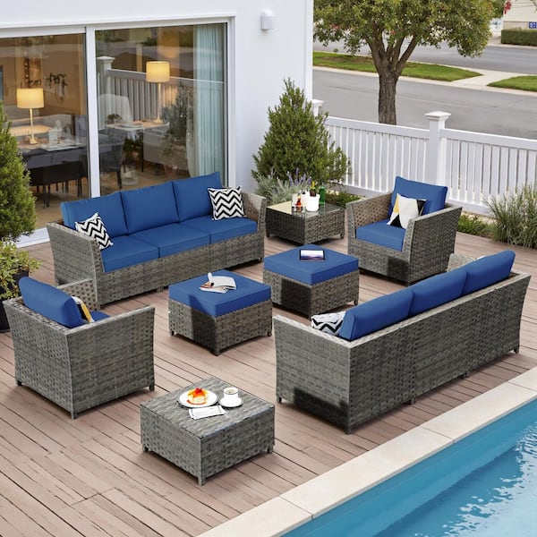 Jasmine 12-Piece Wicker Outdoor Sectional Set with Navy Blue Cushions