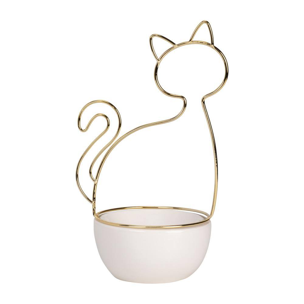 White and Gold Ceramic Cat-Shaped Trinket Tray