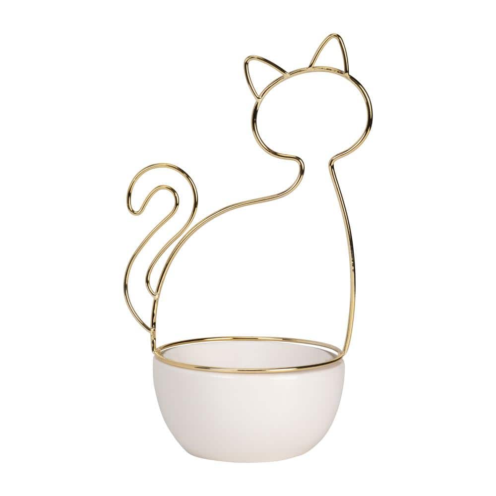 White and Gold Ceramic Cat-Shaped Trinket Tray