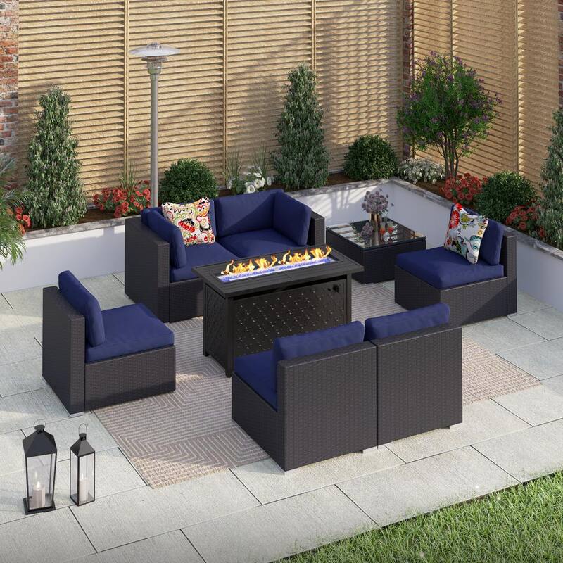 Dark Brown Rattan Wicker 6 Seat 8-Piece Steel Outdoor Fire Pit Patio Set with Blue Cushions and Rectangular Fire Pit