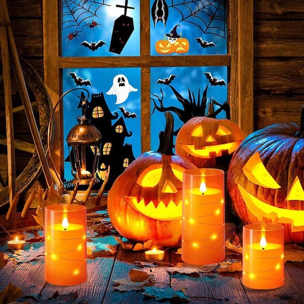 Whaline Fall LED Flameless Candles – Set Of 3 Orange Pumpkin & Maple Leaf Design, Battery Operated, Warm Light – Perfect For Thanksgiving Decor