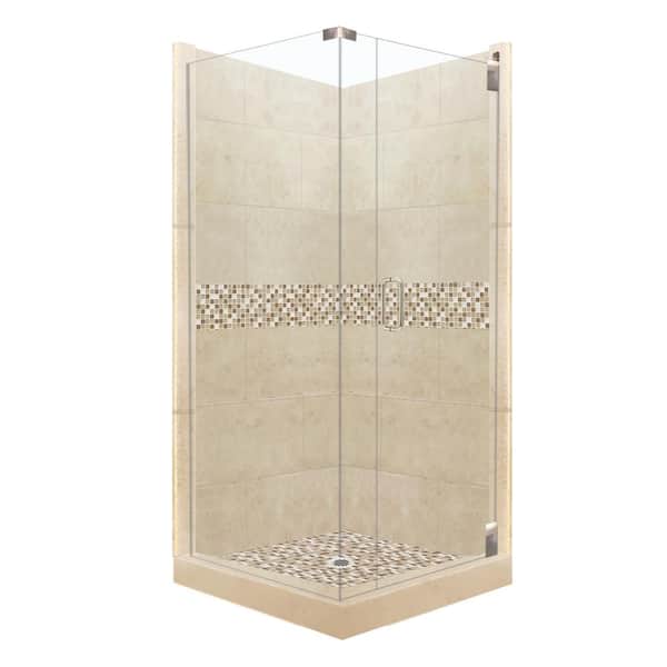 American Bath Factory Roma Grand Hinged 42 in. x 42 in. x 80 in. Right-Hand Corner Shower Kit in Brown Sugar and Satin Nickel Hardware