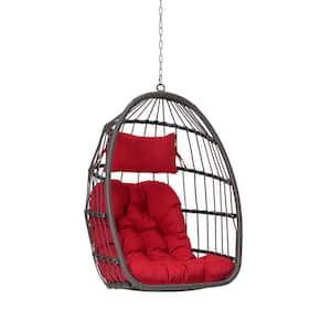 Modern Outdoor Garden Wood Rattan Egg Swing Chair Hanging Chair Porch Swing with Red Cushion