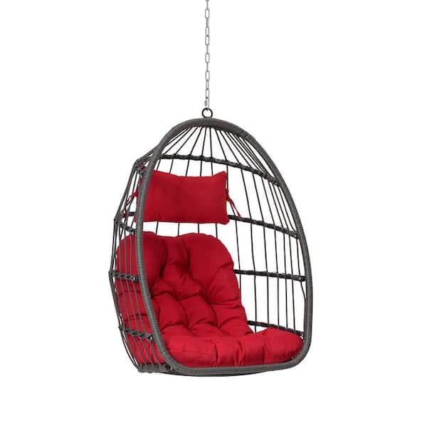 Sudzendf Modern Outdoor Garden Wood Rattan Egg Swing Chair Hanging Chair Porch Swing with Red Cushion