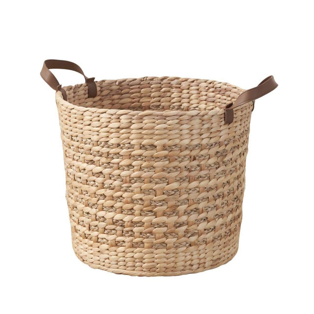 Brown 15.7 in. x 13.00 in. Round Wood Decorative Basket, Water Hyacinth Mul
