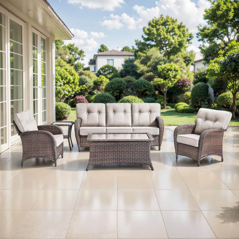TWrap Brown 5-Piece Wicker Patio Conversation Set with Armchairs, Sofa Seating Set with Olefin Beige Cushions price history on PriceWatchPro