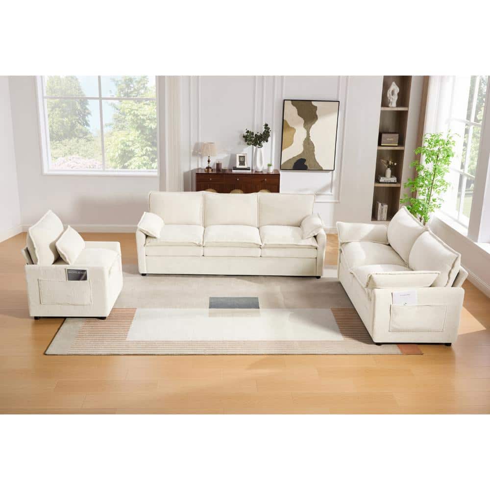 Beige 3-Piece Upholstered Sofa Set with Double-Layer Cushion and Side Storage Pockets