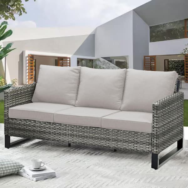 Pocassy U-Shaped Foot Series 3-Seat Wicker Outdoor Patio Sofa Couch with Deep Seating and Cushions (Gray/Beige)