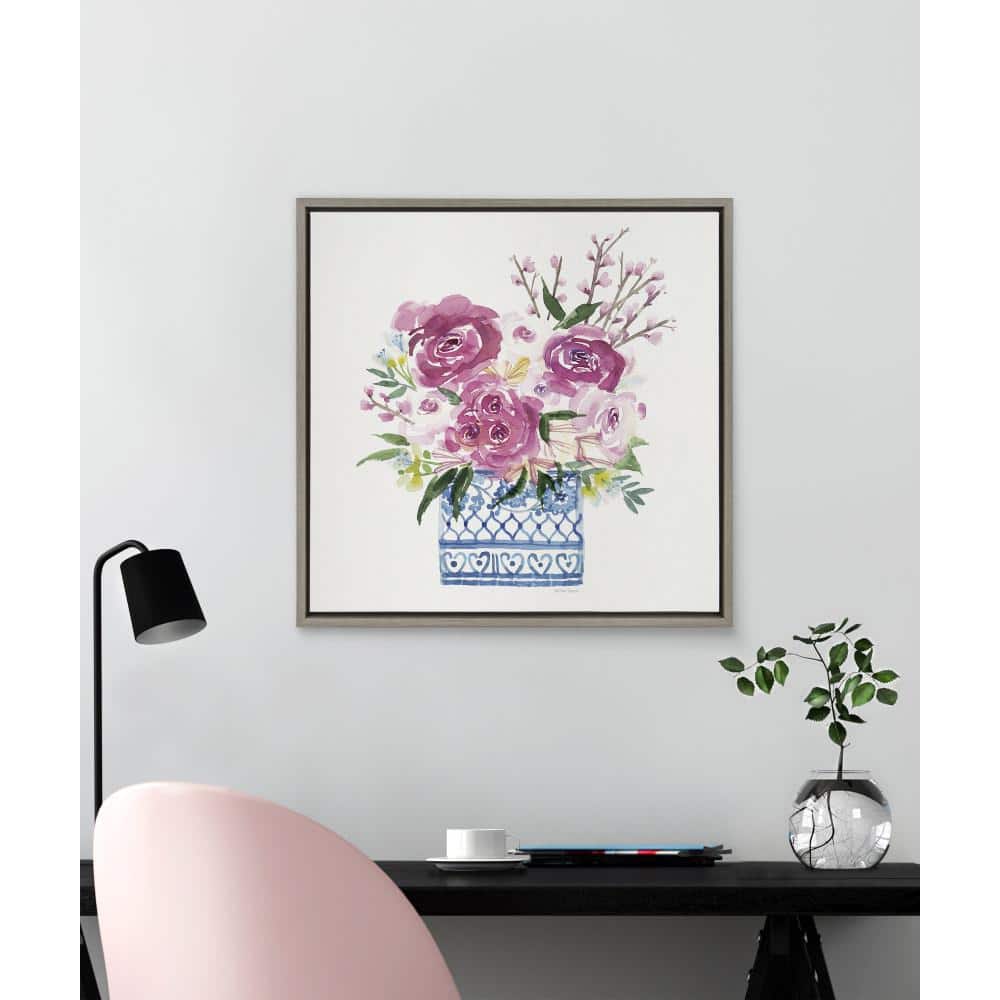 Pink Blooms in Chinoiserie Gray Framed Canvas Art Print, 22 x 22