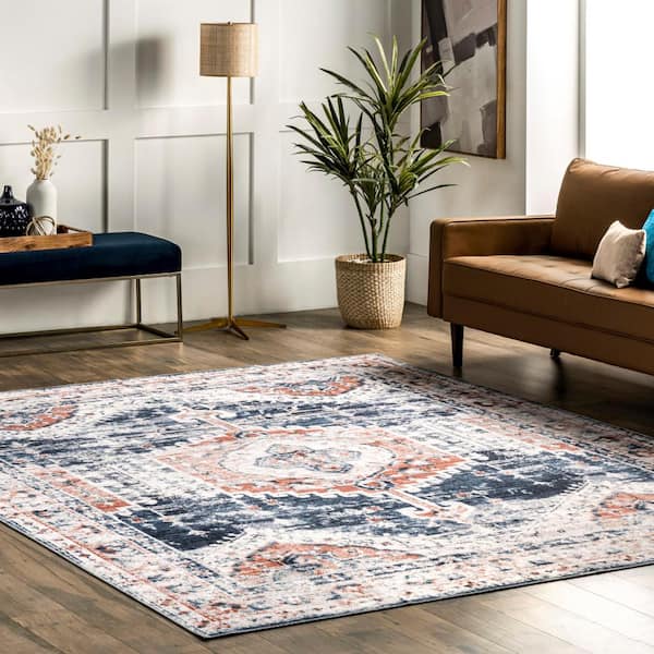 Evette Traditional Medallion Machine Washable Navy 8 ft. x 10 ft. Area Rug
