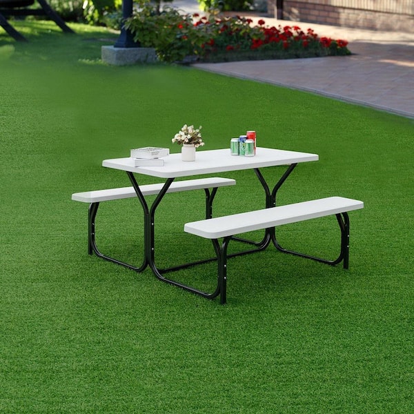 White Rectangle Metal Picnic Table Bench Set