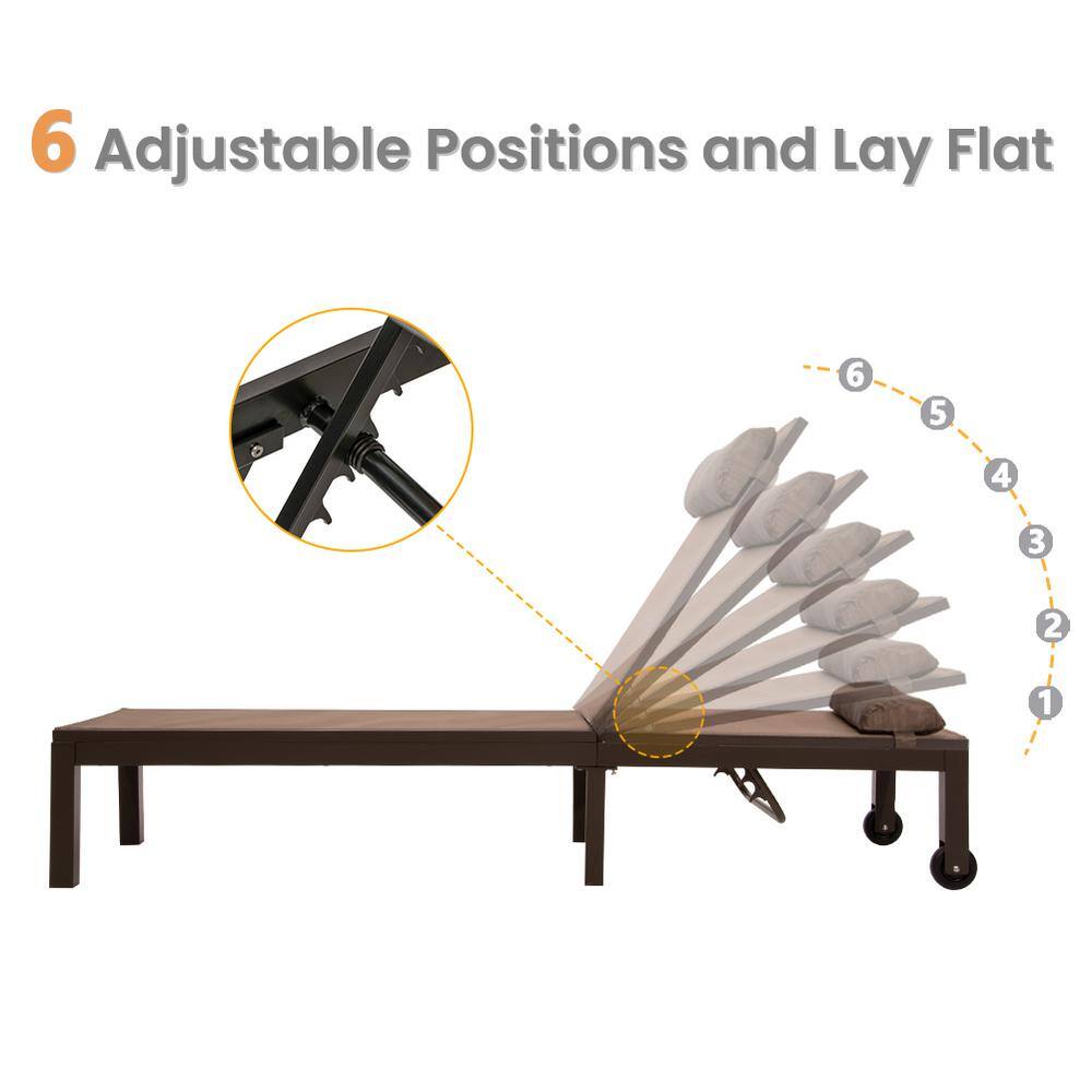 Brown Aluminum Adjustable Outdoor Chaise Lounge with Cushion